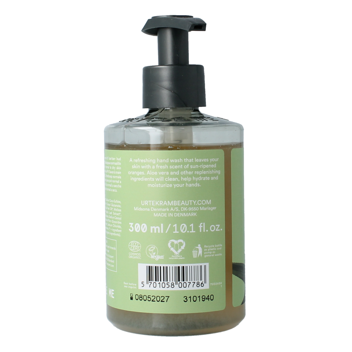 Urtekram liquid aloe vera hand soap in a 380ml bottle, gentle hand care product with natural aloe vera for soft hands.