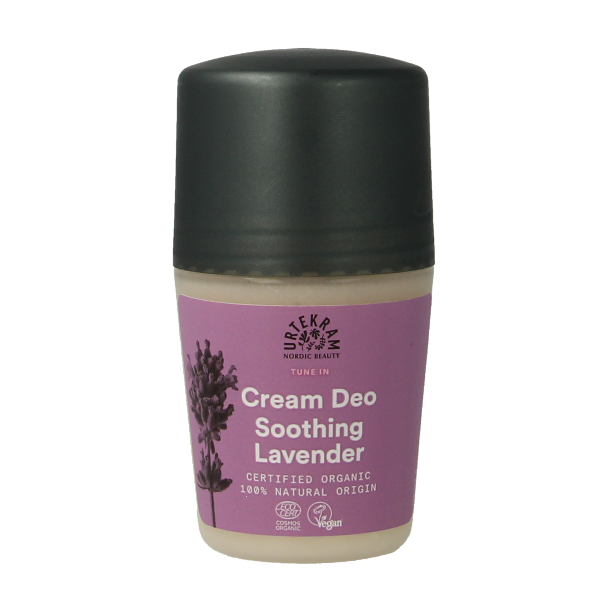 Urtekram lavender deodorant creme in a 50ml container, showing the creamy lavender-scented formula for natural freshness.