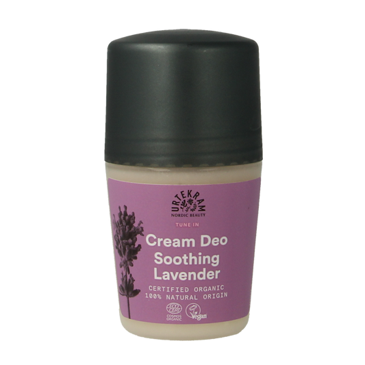 Urtekram lavender deodorant creme in a 50ml container, showing the creamy lavender-scented formula for natural freshness.