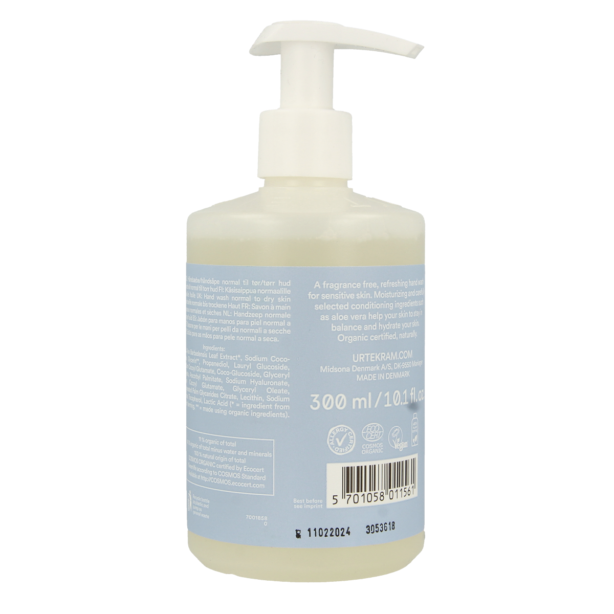 Urtekram Find Balance handwash for sensitive skin, 300ml, gentle handcare with natural ingredients and soothing formula.