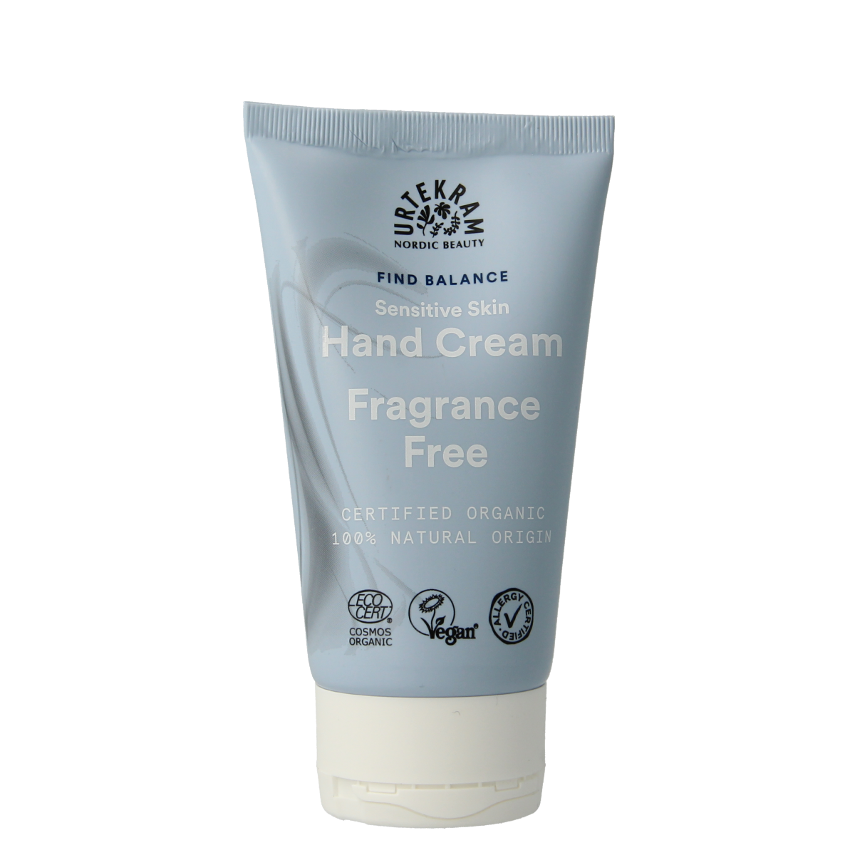 Urtekram Find Balance hand cream for sensitive skin in 75ml tube, nourishing hand care product with natural ingredients.