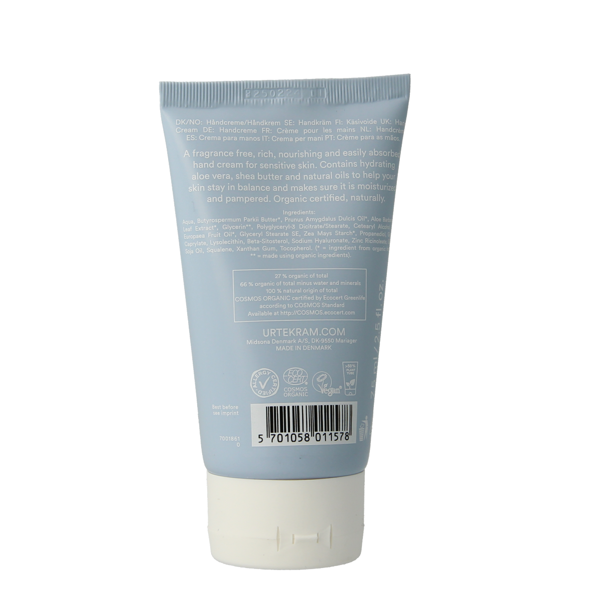 Urtekram Find Balance handcream for sensitive skin in a 75ml tube, nourishing and soothing for dry hands.