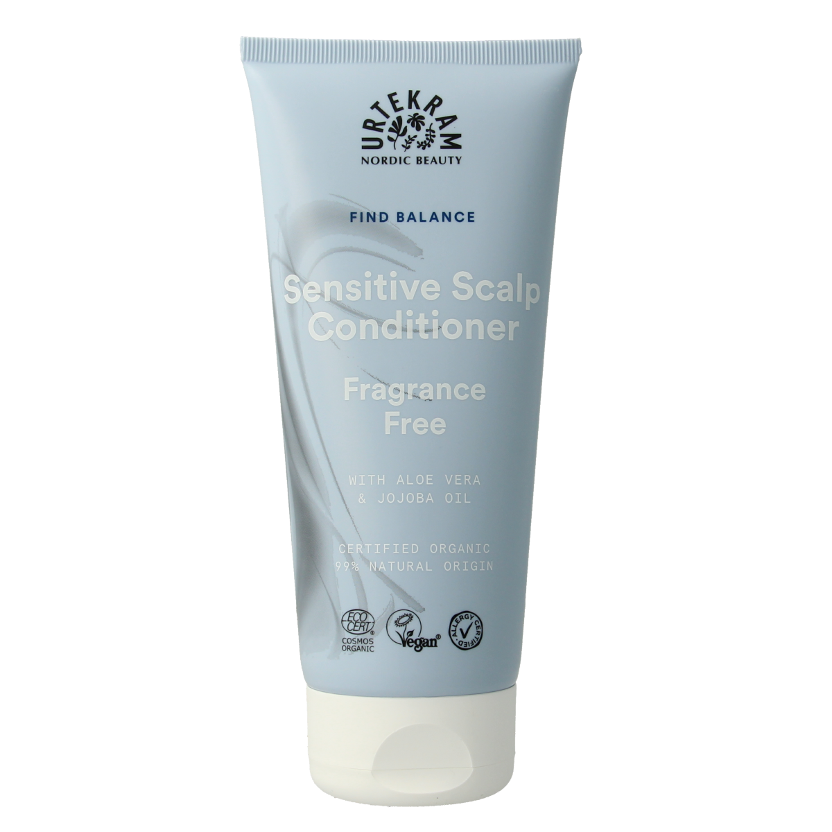 Urtekram Find Balance Conditioner for sensitive skin, 180ml, hair care product with soothing ingredients, in a white bottle.