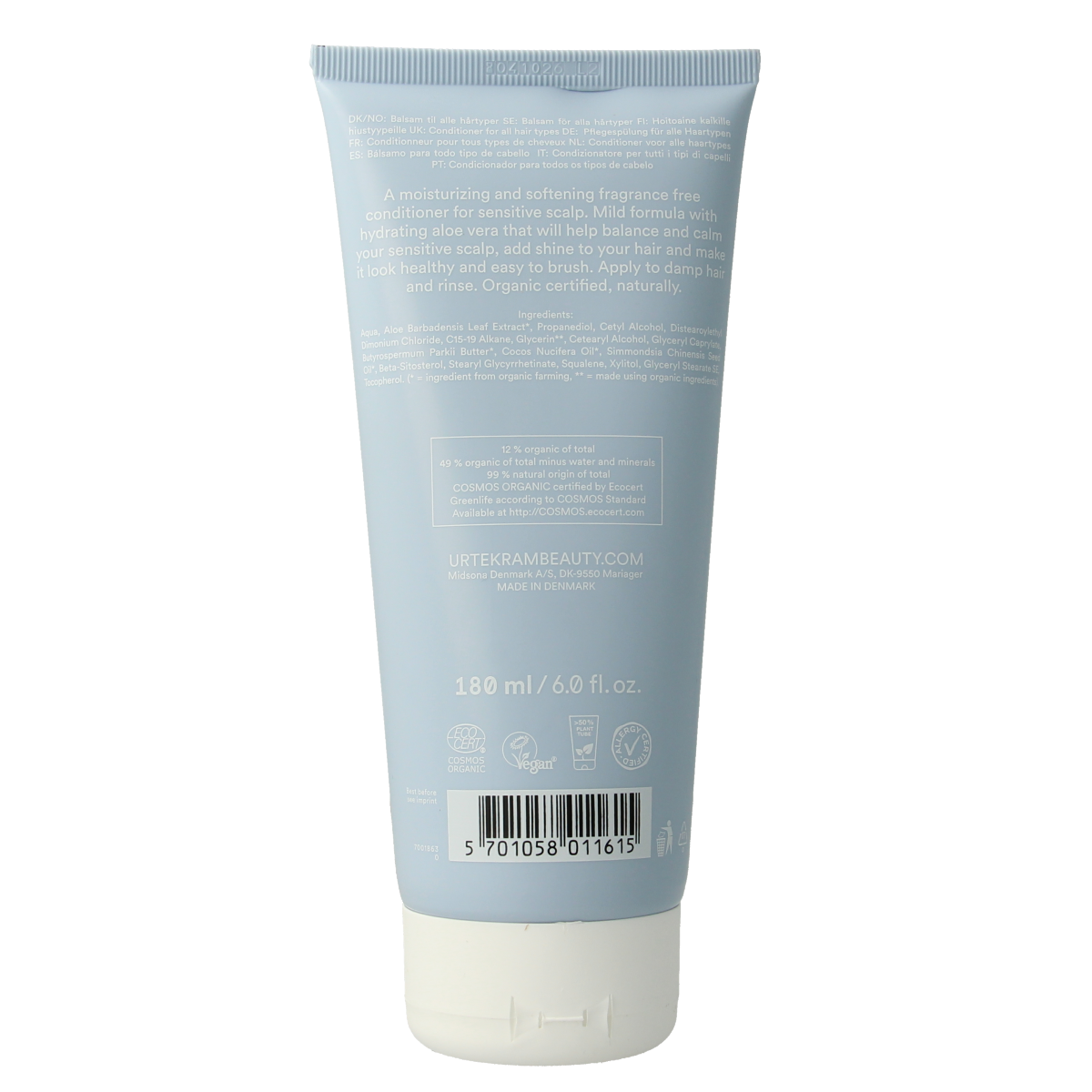 Urtekram Find Balance Conditioner for sensitive scalp, 180ml, natural hair care product with gentle ingredients.