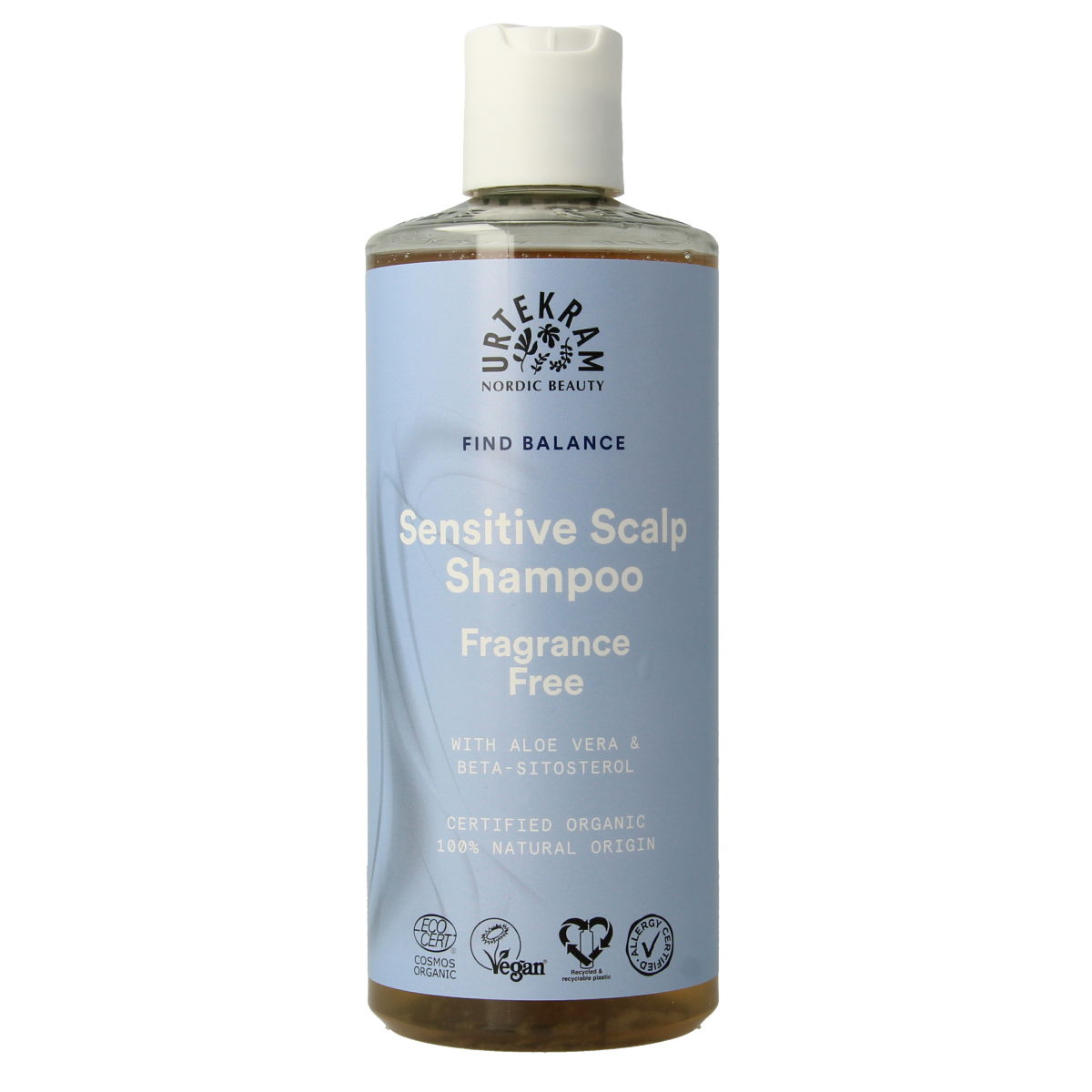 Urtekram Find Balance shampoo for sensitive skin, 500ml, in a clear bottle with gentle, natural ingredients for hair care.