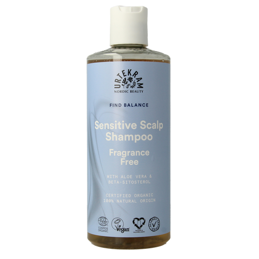 Urtekram Find Balance shampoo for sensitive skin, 500ml, in a clear bottle with gentle, natural ingredients for hair care.