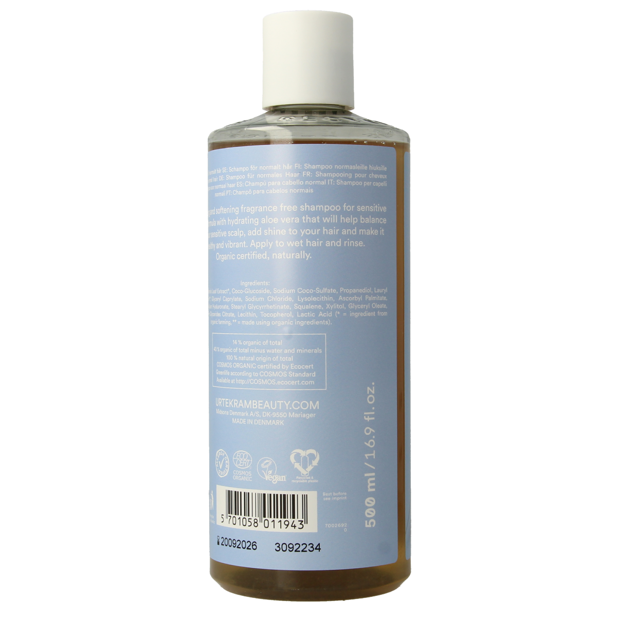 Urtekram Find Balance shampoo for sensitive skin in a 500ml bottle, featuring natural hair care ingredients.