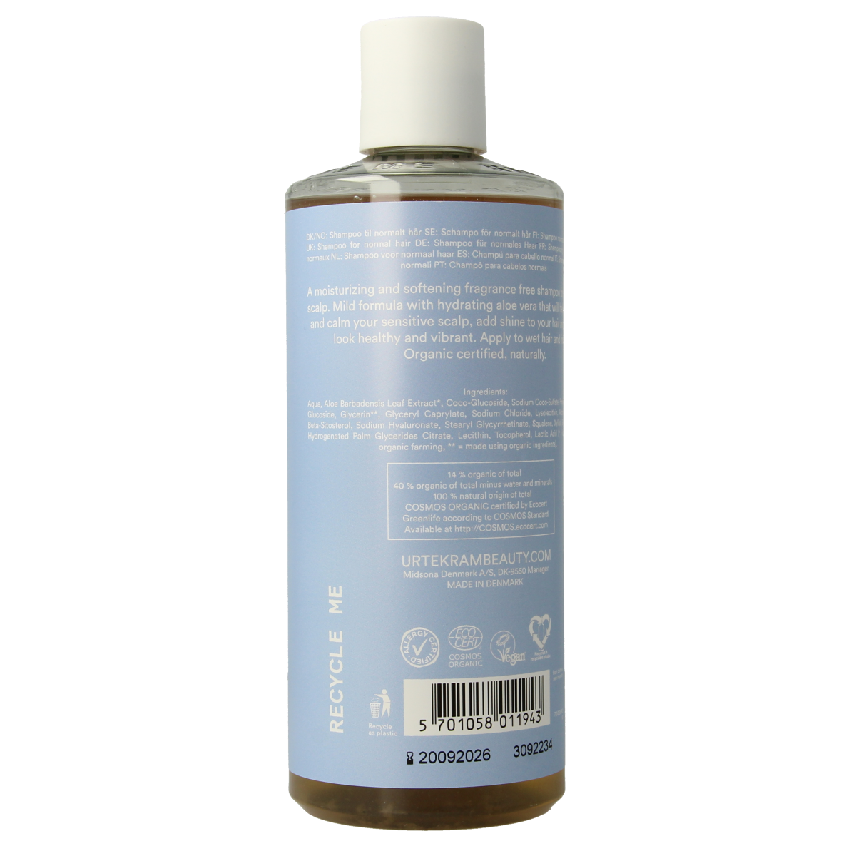 Urtekram Find Balance shampoo for sensitive skin, 500ml, shown in a transparent bottle with white and green label.