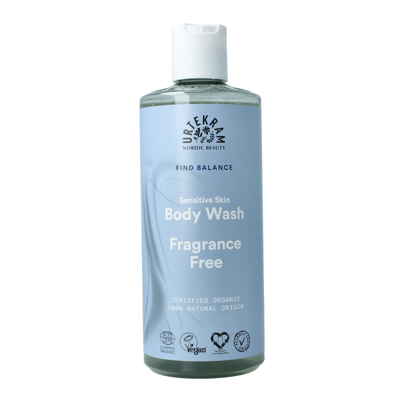 Urtekram fragrance-free body wash for sensitive skin in a 500ml bottle, gentle and organic for daily cleansing.
