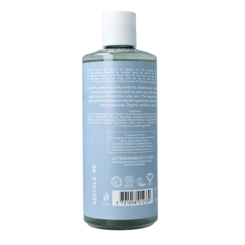 Urtekram geurvrij body wash for sensitive skin in a 500ml bottle, suitable for gentle cleansing and bio skincare.