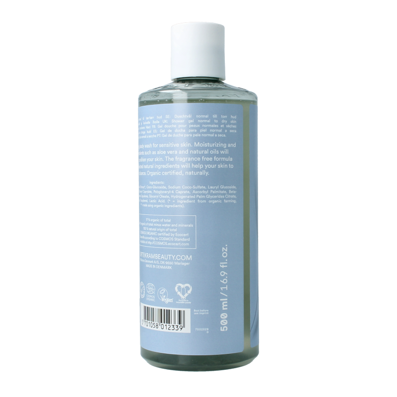 Urtekram fragrance-free body wash for sensitive skin in a 500ml bottle, gentle and organic for daily cleansing.