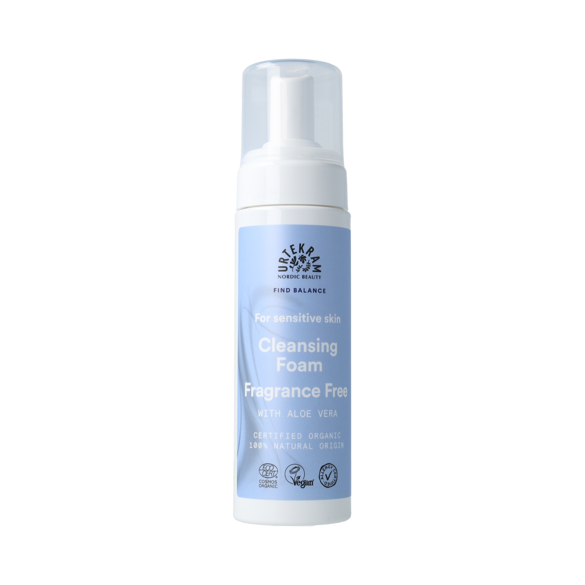 Urtekram fragrance-free cleansing mousse for sensitive skin, 150ml, gentle facial cleanser in a white bottle.