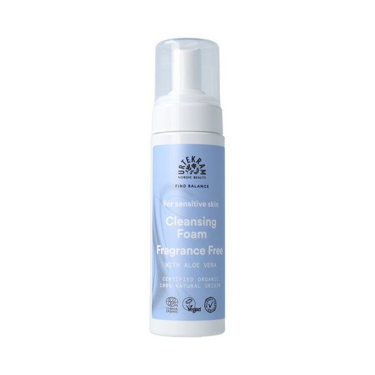Urtekram fragrance-free cleansing mousse for sensitive skin, 150ml, gentle facial cleanser in a white bottle.