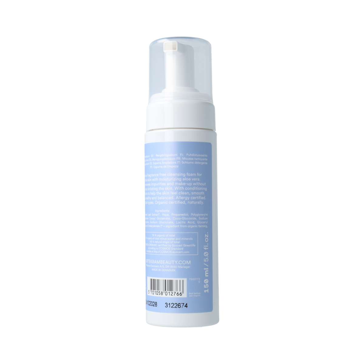 Urtekram fragrance-free cleansing mousse for sensitive skin in a 150ml bottle, gentle facial cleansing product.