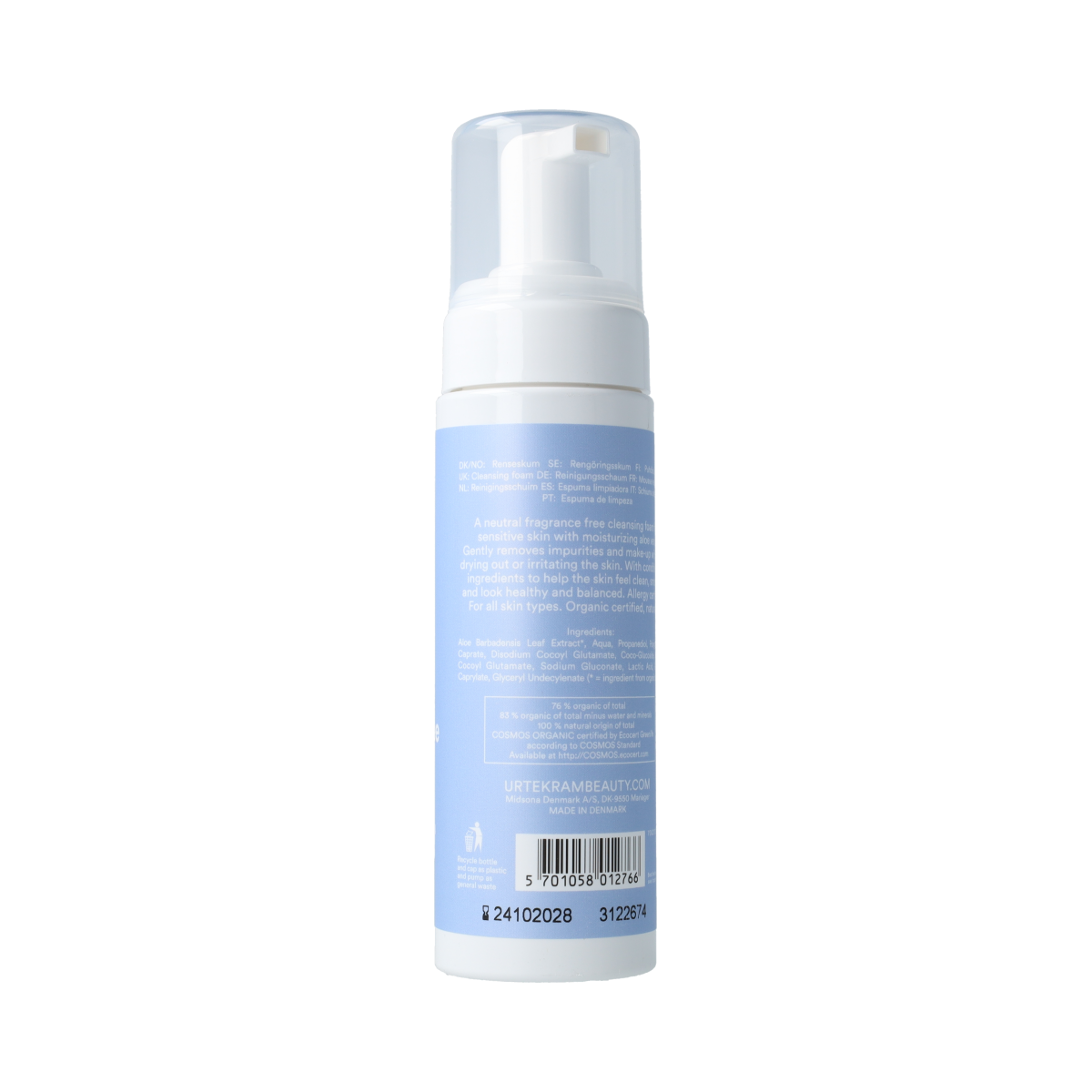 Urtekram fragrance-free facial cleansing mousse for sensitive skin, 150ml, gentle and hydrating skincare product.