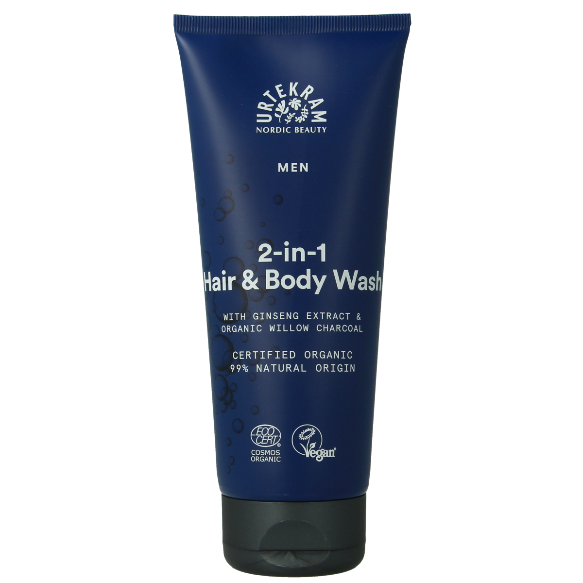 Urtekram Men hair and body wash 200ml bottle, natural hair care and body cleansing product for men.