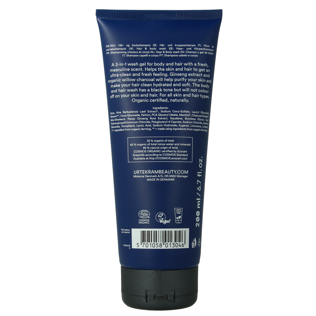 Urtekram Men hair and body wash 200ml bottle showing the product label with natural ingredients and clean design.
