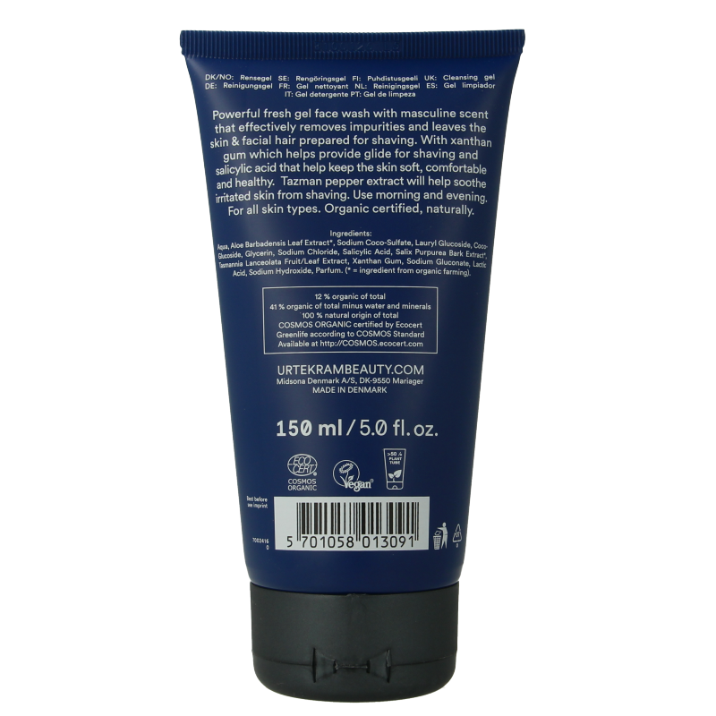Urtekram Men gezichtswash in 150ml bottle, natural facial cleansing product for men's skincare.
