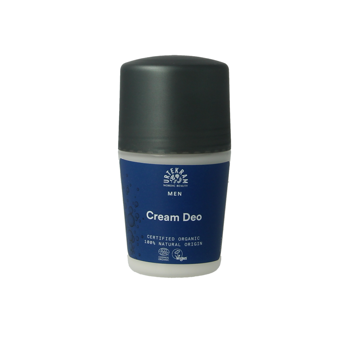 Urtekram Men deodorant 50ml bottle, natural skincare product with a sleek design, suitable for everyday use.
