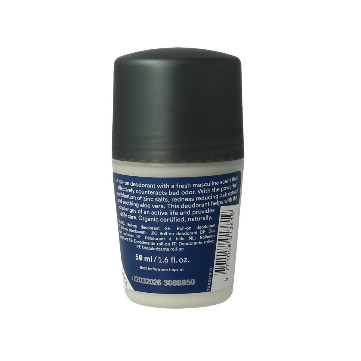 Urtekram Men deodorant 50ml bottle with clear cap and label, designed for men's personal care and freshness.