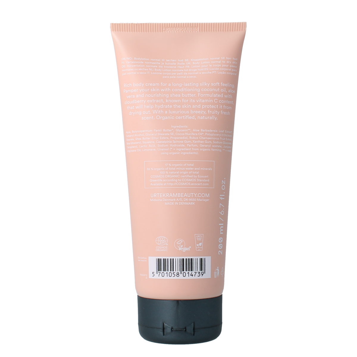 Urtekram Nordic Berry nourishing body cream in 200ml tube, hydrating and revitalizing for smooth skin.