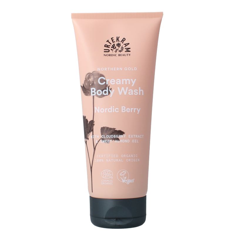 Urtekram Nordic Berry creamy body wash in a 200ml bottle, featuring vibrant berry design and a soft, creamy texture.