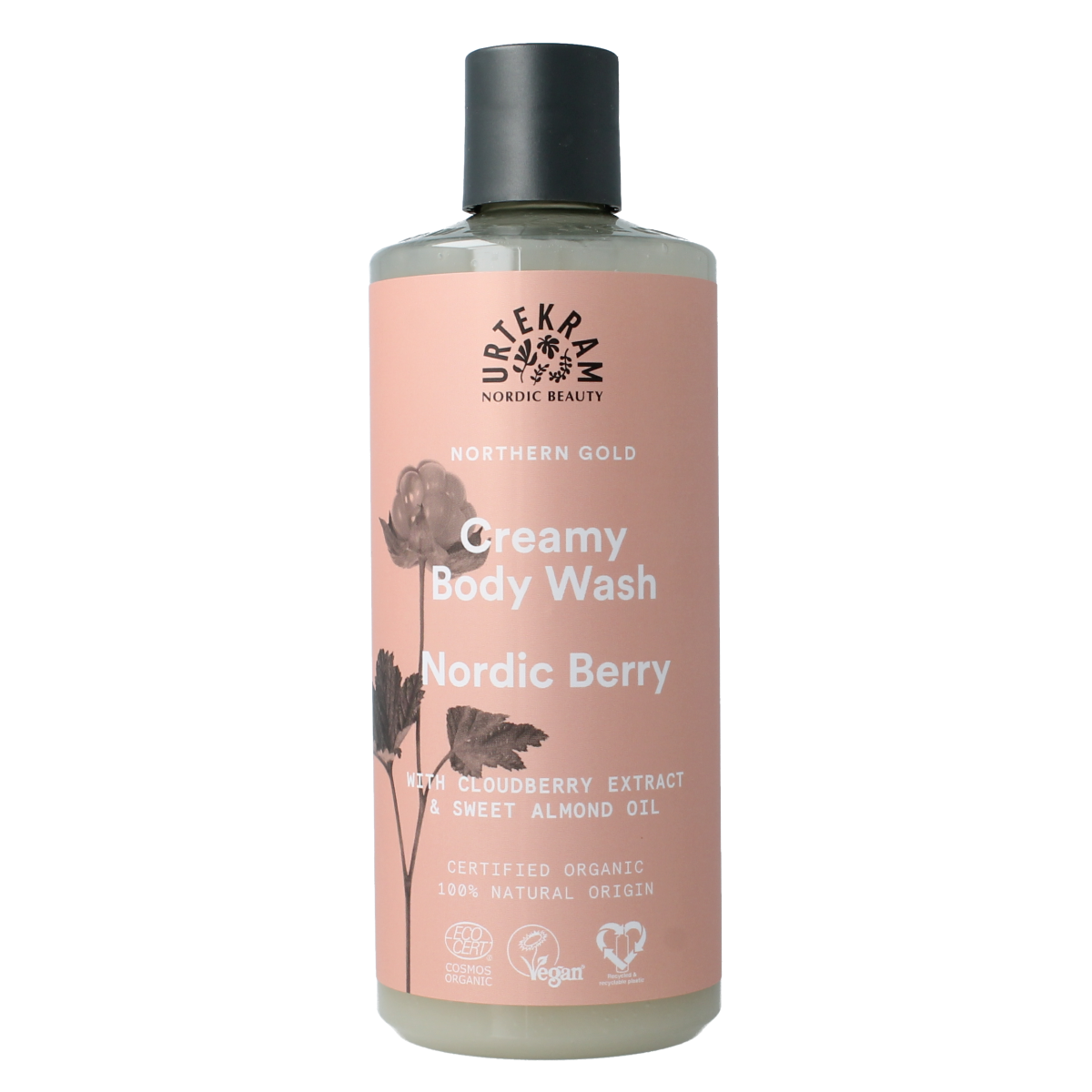 Urtekram Nordic Berry creamy body wash in 500ml bottle, moisturizing bad en douche with berry scent and natural ingredients.
