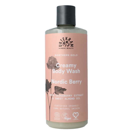 Urtekram Nordic Berry creamy body wash in 500ml bottle, moisturizing bad en douche with berry scent and natural ingredients.