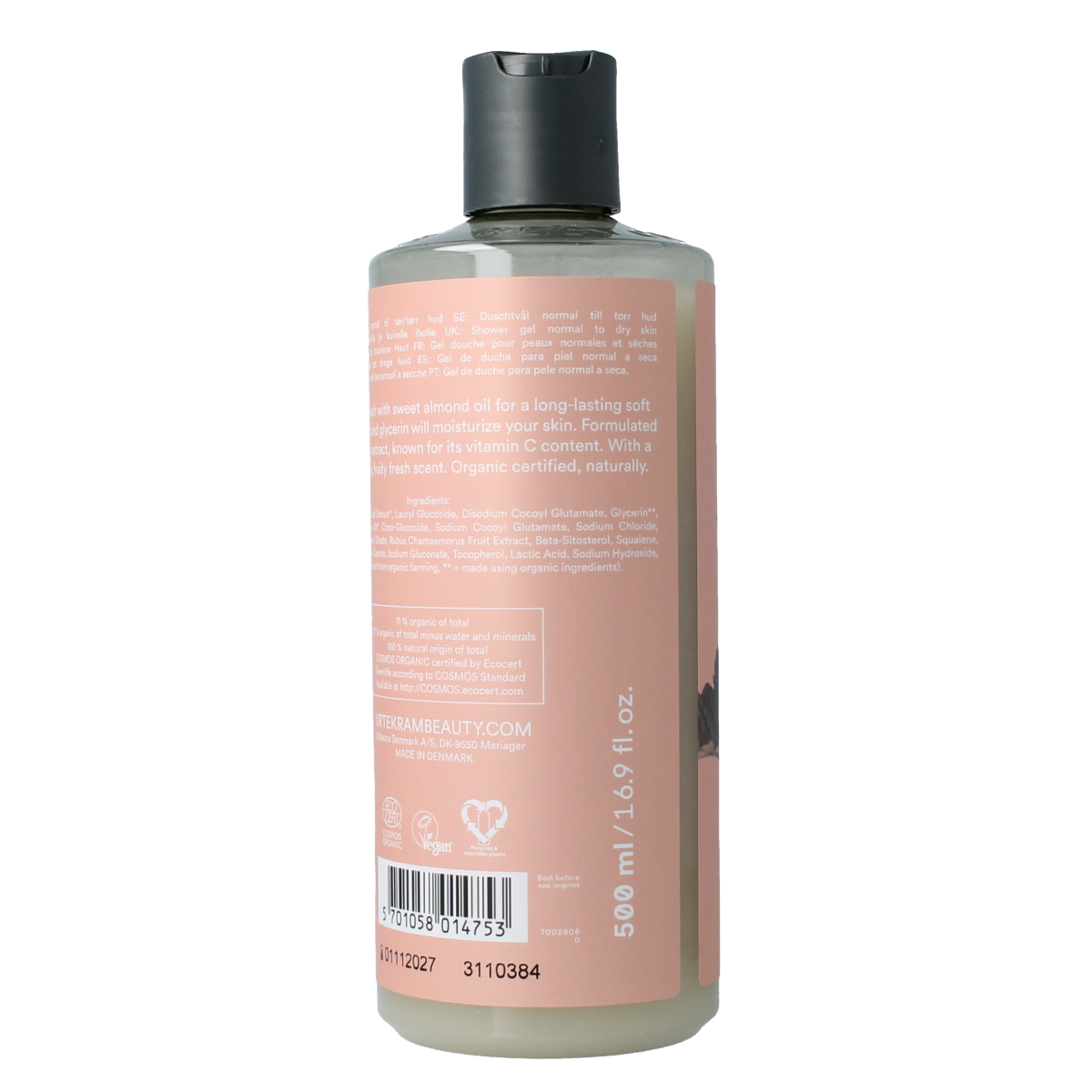 Urtekram Nordic Berry creamy body wash in a 500ml bottle, designed for gentle cleansing and nourishing skin.