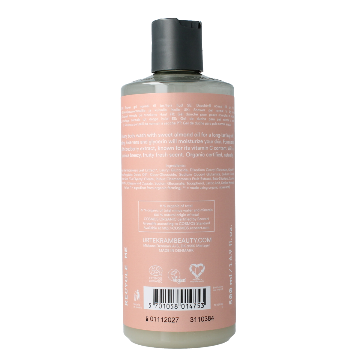 Urtekram Nordic Berry creamy body wash in 500ml bottle, featuring berry scent and gentle cleansing for skin.