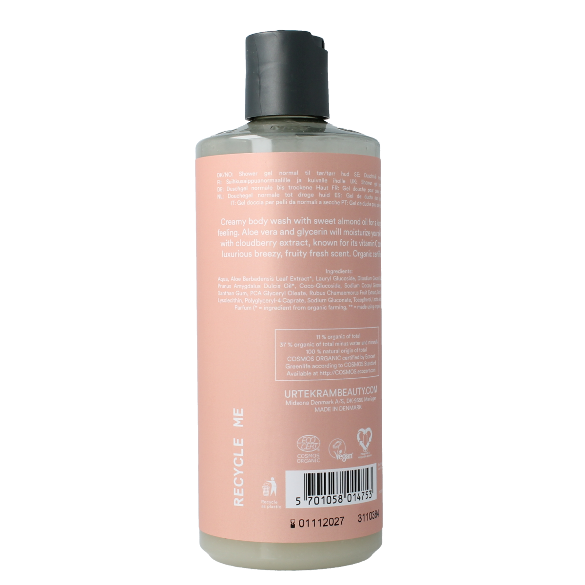 Urtekram Nordic Berry creamy body wash in 500ml bottle, gentle bad en douche with berry scent and nourishing formula.