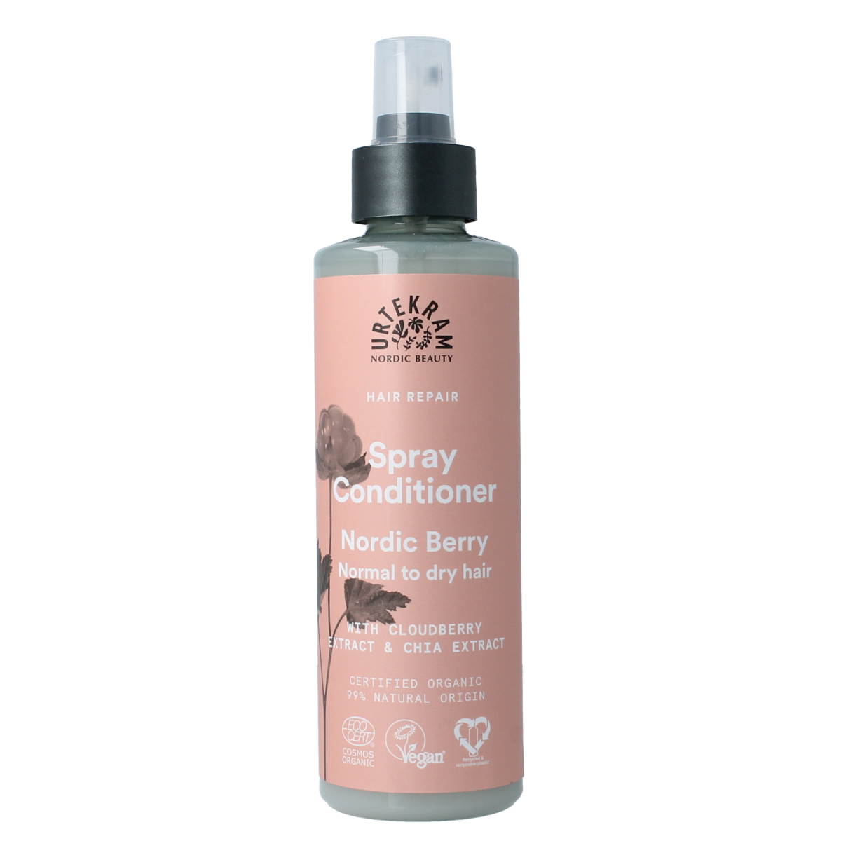 Urtekram Nordic Berry spray conditioner for normal to dry hair, 250ml, hydrating haircare product in a spray bottle.
