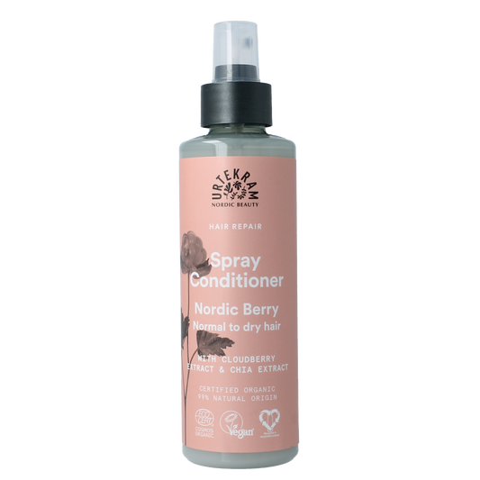Urtekram Nordic Berry spray conditioner for normal to dry hair, 250ml, hydrating haircare product in a spray bottle.