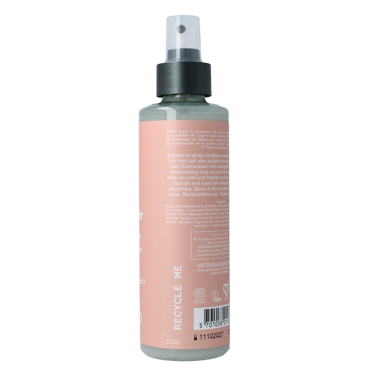 Urtekram Nordic Berry spray conditioner for normal to dry hair, 250ml, in a clear spray bottle with berry-themed label.