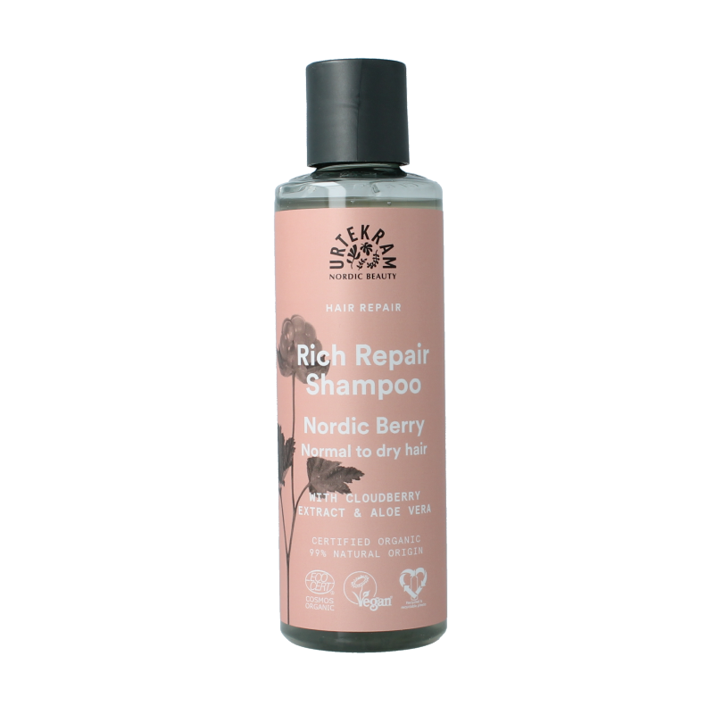 Urtekram Nordic Berry Powder Shampoo for hair care, 250ml, with vibrant berry ingredients in a clear bottle.