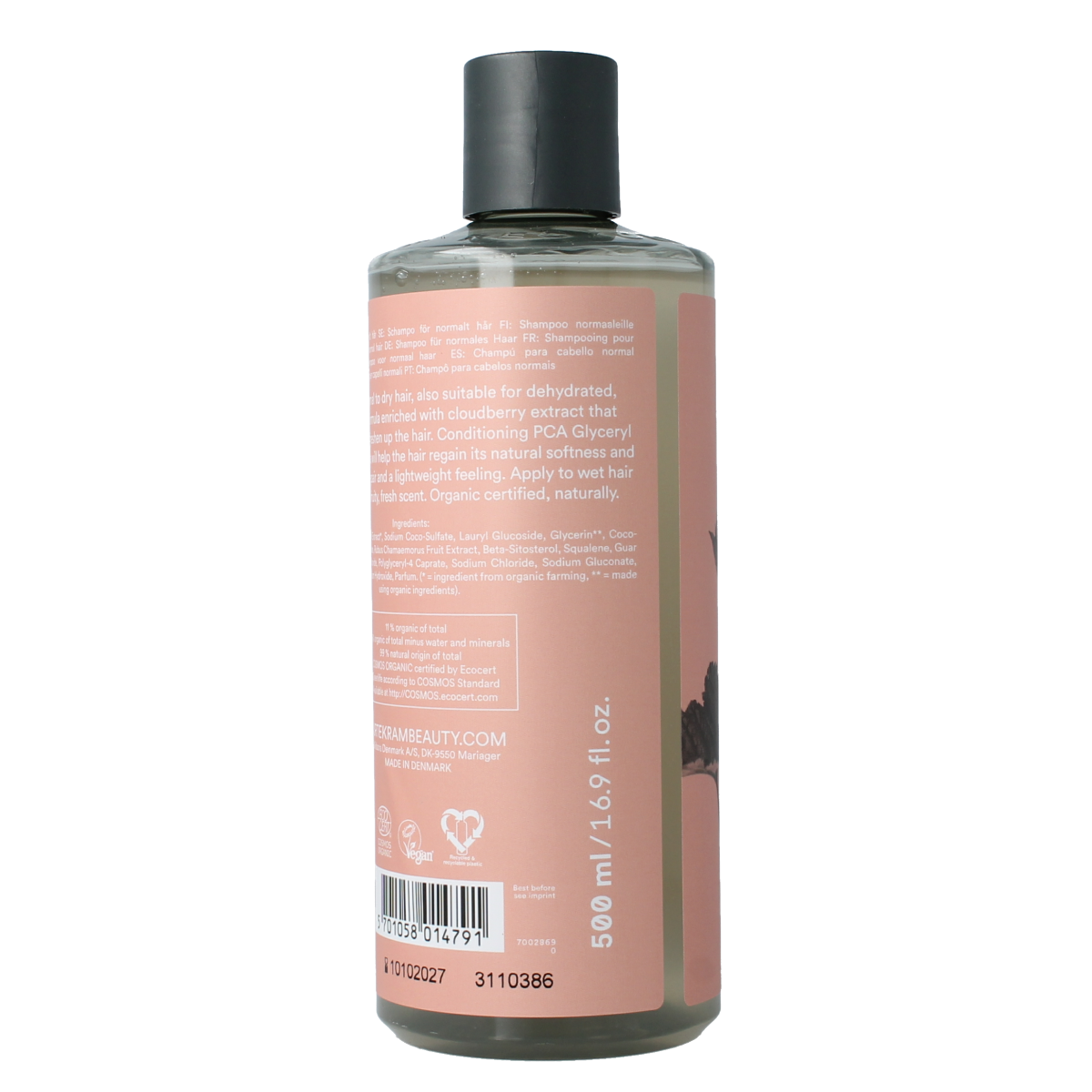 Urtekram Nordic Berry shampoo for normal to dry hair, 500ml, in a clear bottle with berry-themed label.