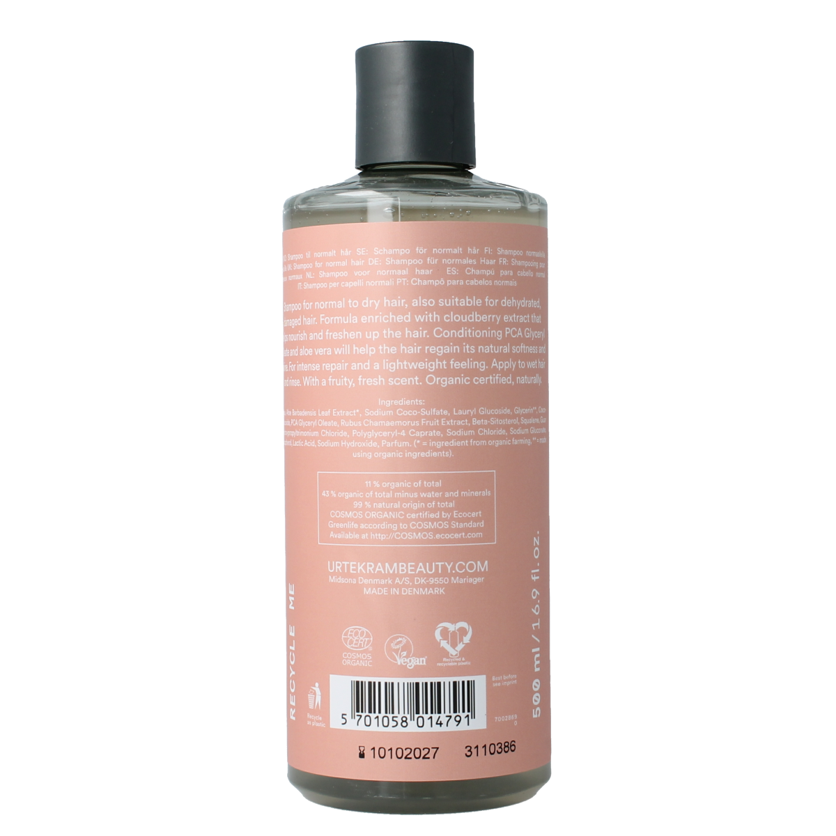 Urtekram Nordic Berry shampoo for normal to dry hair in 500ml bottle, natural hair care product with berry extract.