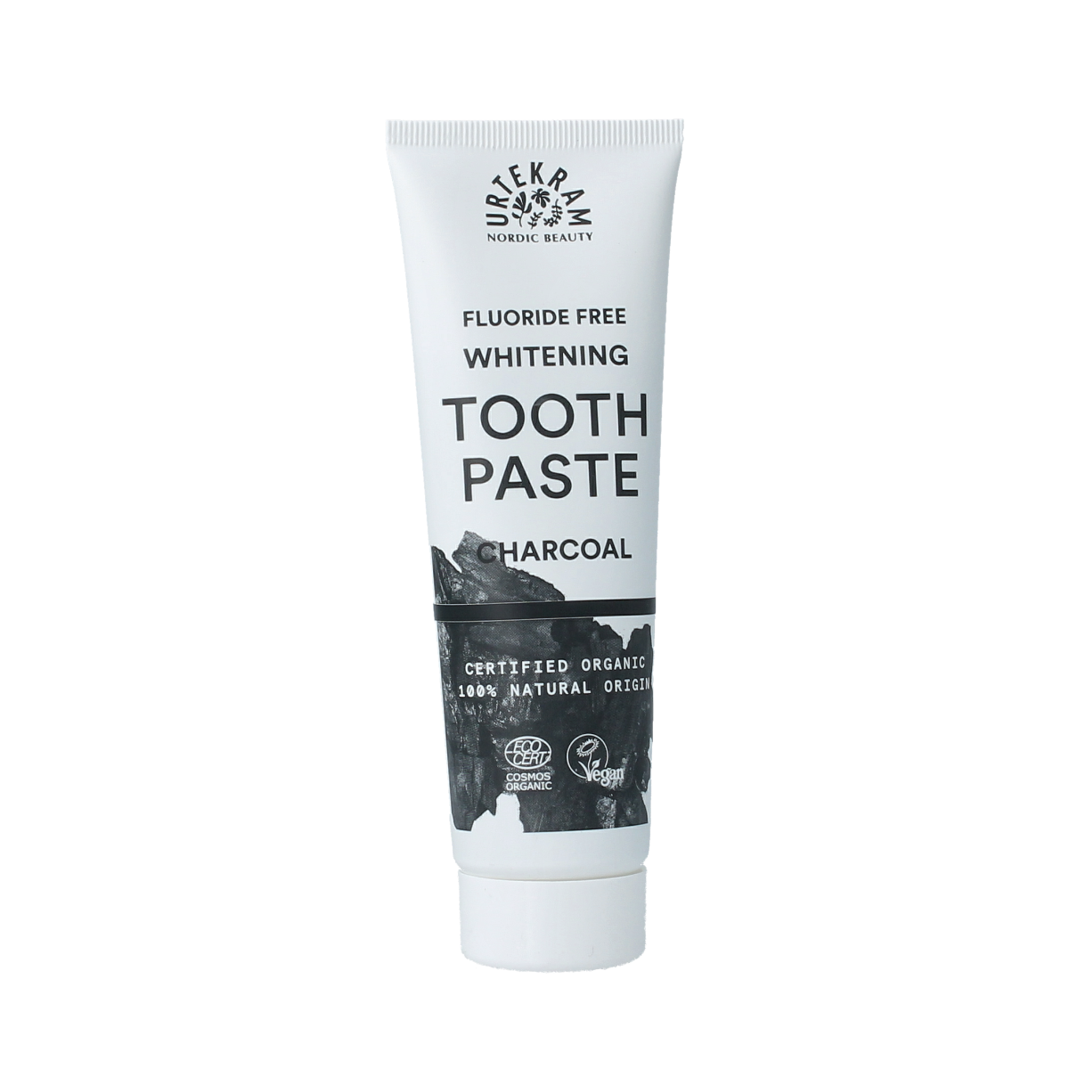 Urtekram bio active charcoal toothpaste in 75ml tube, natural dental care with whitening and detoxifying properties.