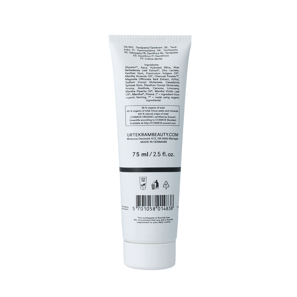 Urtekram bio active charcoal toothpaste in 75ml tube, natural dental care product with black charcoal formula.