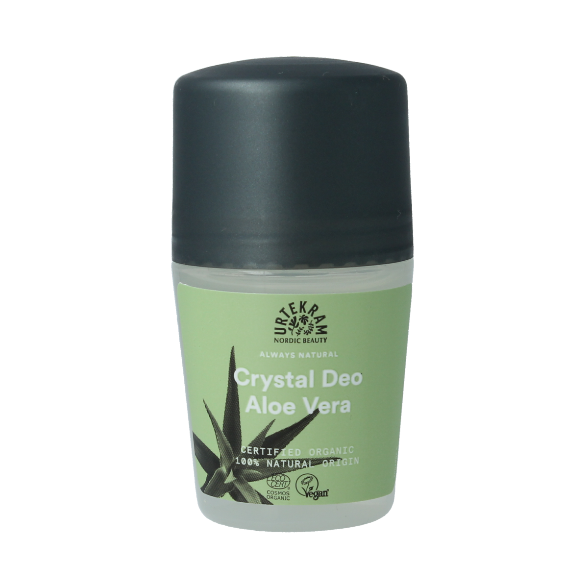 Urtekram aloe vera crystal deodorant 50ml in a clear plastic bottle with a white cap, natural and organic deodorant for freshness