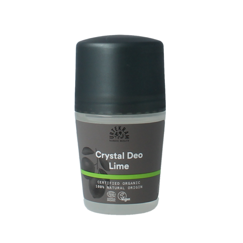 Urtekram bio lime crystal deodorant in a 50ml container with a clear cap and minimalist labeling on a white background.