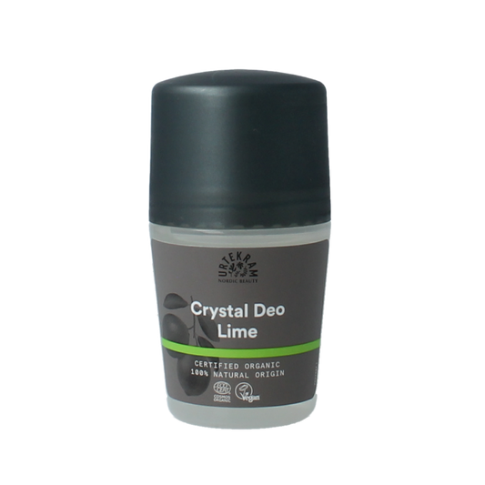 Urtekram bio lime crystal deodorant in a 50ml container with a clear cap and minimalist labeling on a white background.