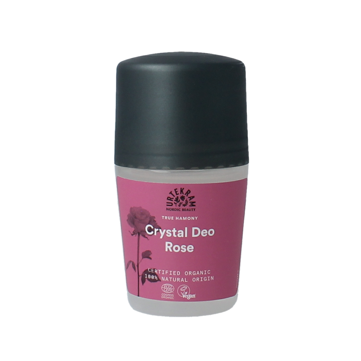 Urtekram bio rose crystal deodorant in a 50ml container, natural deodorant with floral rose scent and crystal mineral ingredients.