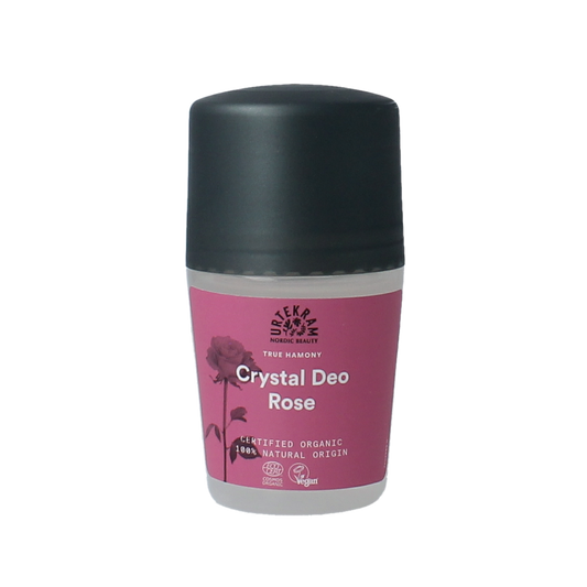 Urtekram bio rose crystal deodorant in a 50ml container, natural deodorant with floral rose scent and crystal mineral ingredients.