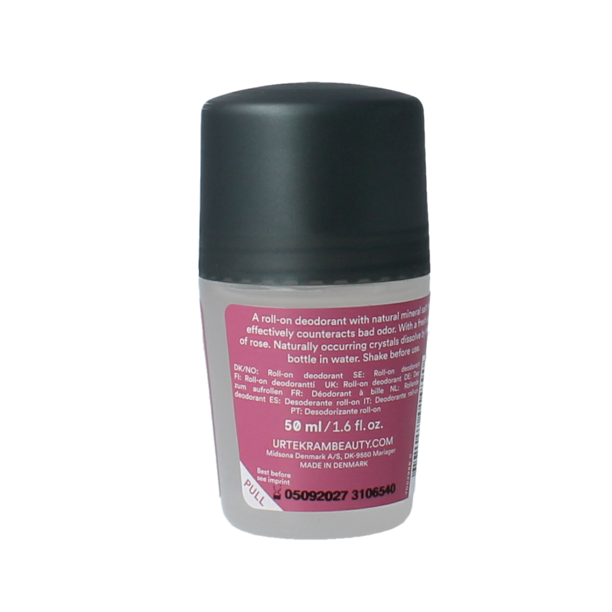 Urtekram bio rose crystal deodorant in 50ml container, natural deodorant with floral rose scent and mineral-based formula.