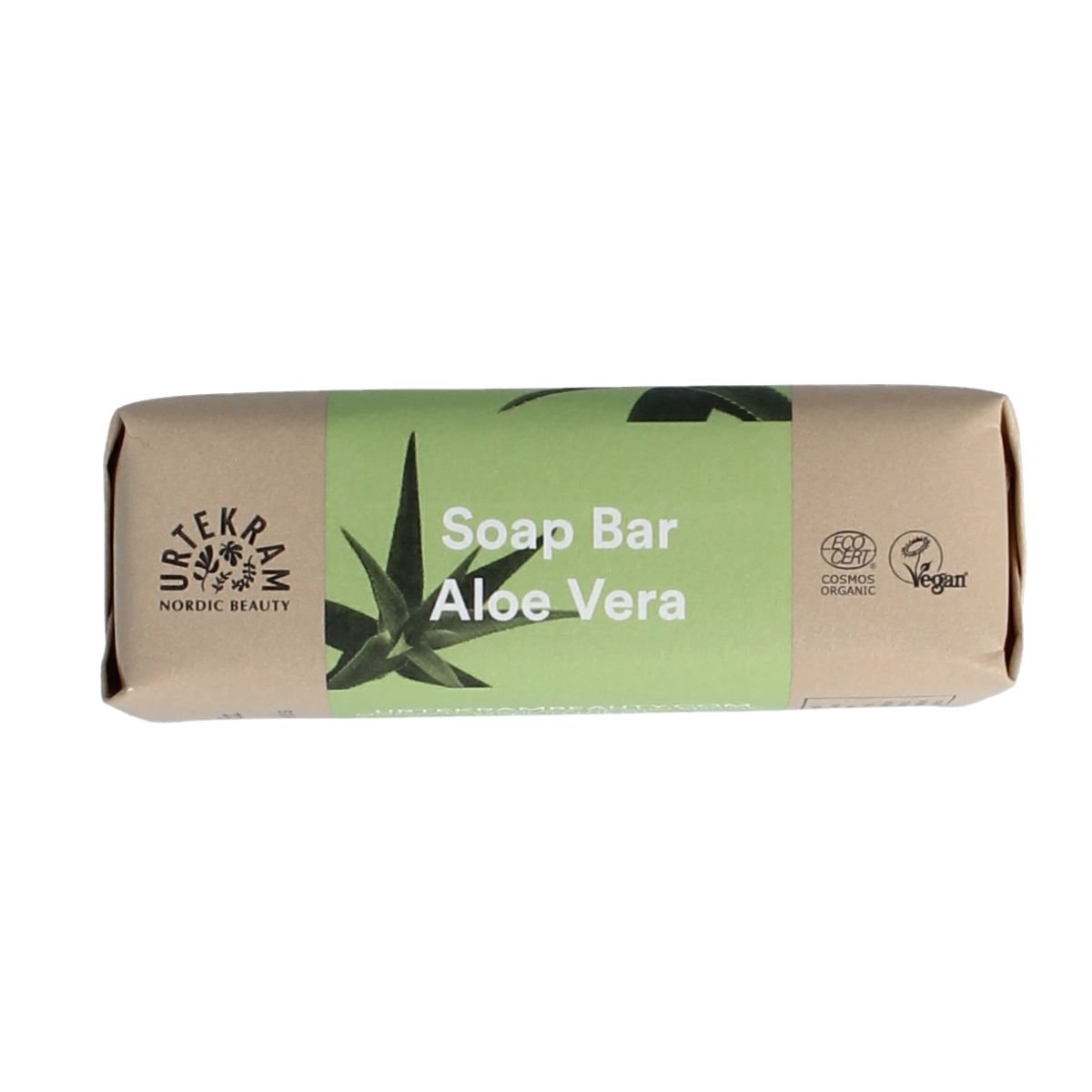 Urtekram aloe vera bio soap bar, 100g, shown with fresh aloe vera leaves on natural background.