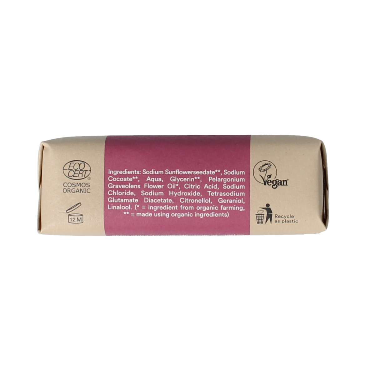 Urtekram Rozen bio zeep stukje, 100g, natural soap with rose scent, showing a pink soap piece on a white background.
