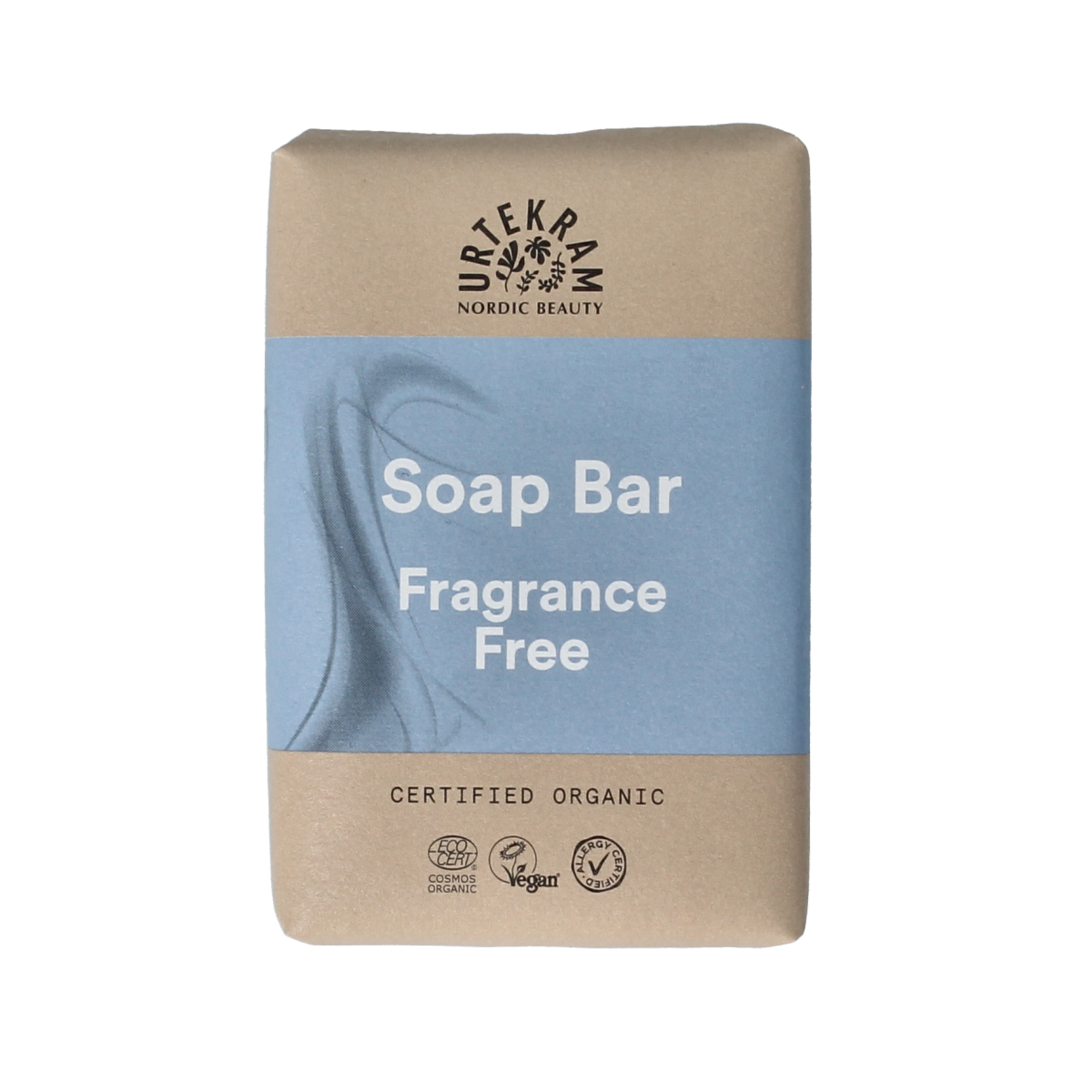 Urtekram fragrance-free soap for sensitive skin in a 100g bar, natural and organic skincare product.