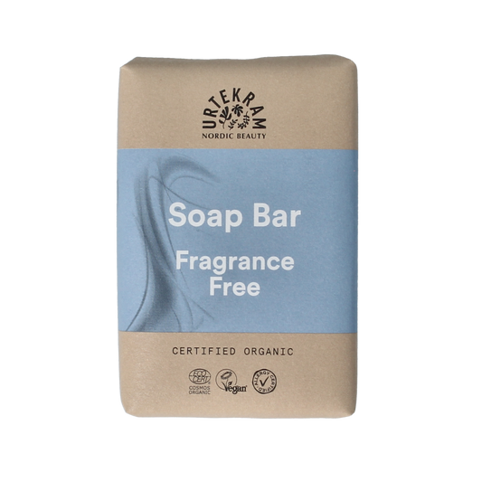 Urtekram fragrance-free soap for sensitive skin in a 100g bar, natural and organic skincare product.