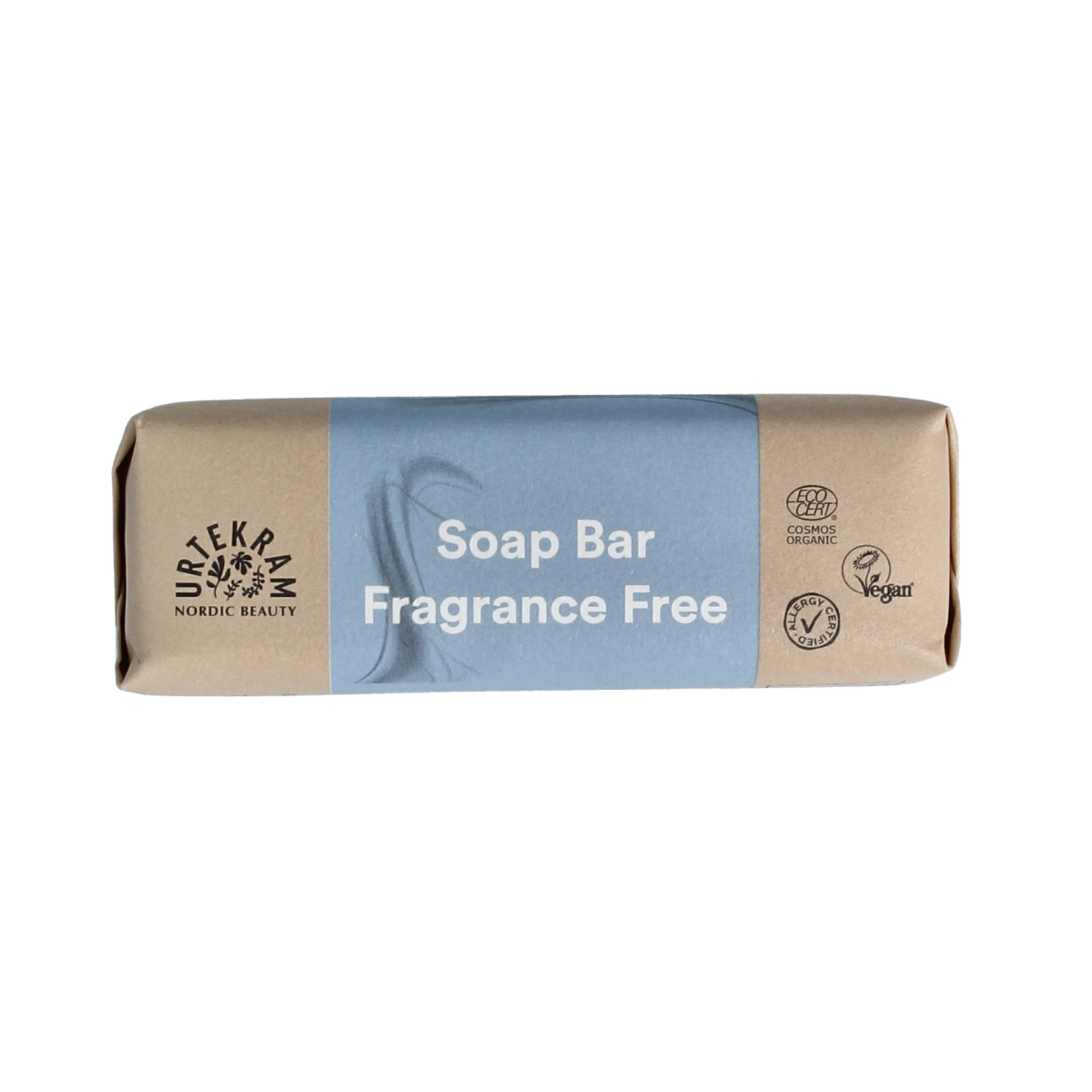 Urtekram fragrance-free soap for sensitive skin in a 100g bar, natural bio skincare product with minimal scent.